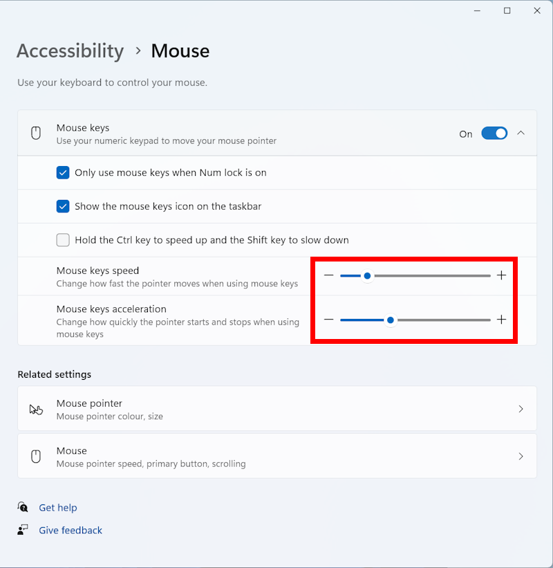 Adjust the Mouse keys speed and Mouse keys acceleration sliders until you're comfortable with the current settings